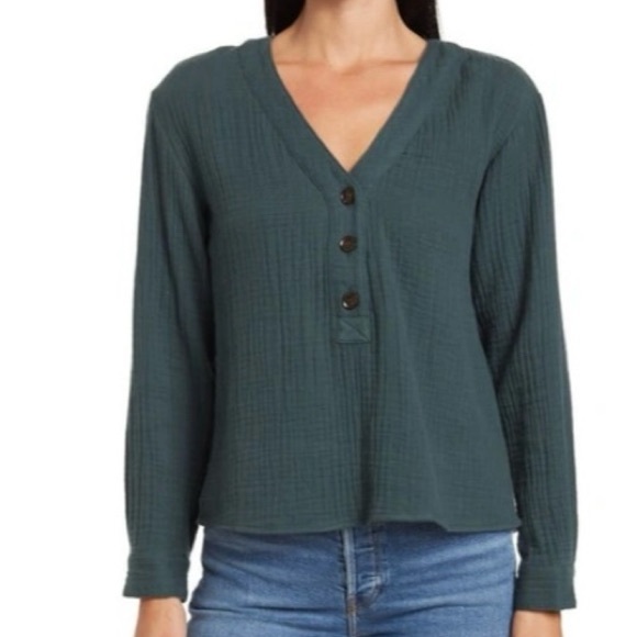 Madewell Lightspun Evert Top in forest green waffle knit henley size XS - Picture 1 of 7
